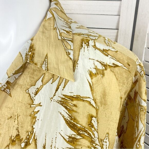 H&M Abstract Leaf Print Tie Front Crop Blouse Tan Cream Large Half Sleeve - Picture 8 of 15